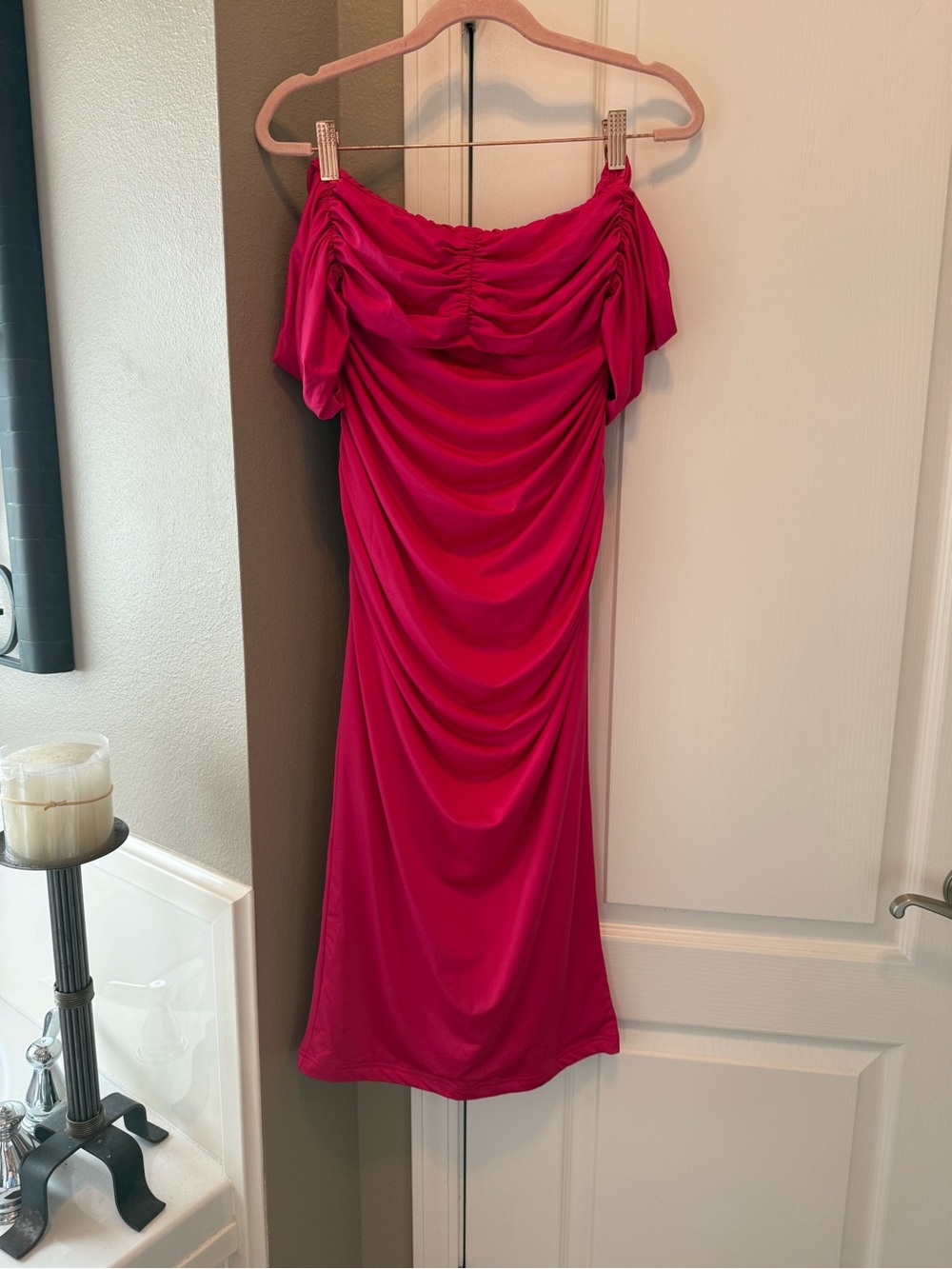 Hot Pink Ruched Off Shoulder Midi Dress Barbiecore Bodycon
